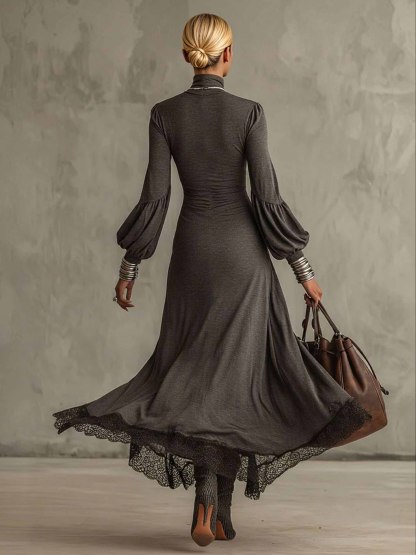 Elegant Puff-sleeved Knitted Lace Maxi Dress