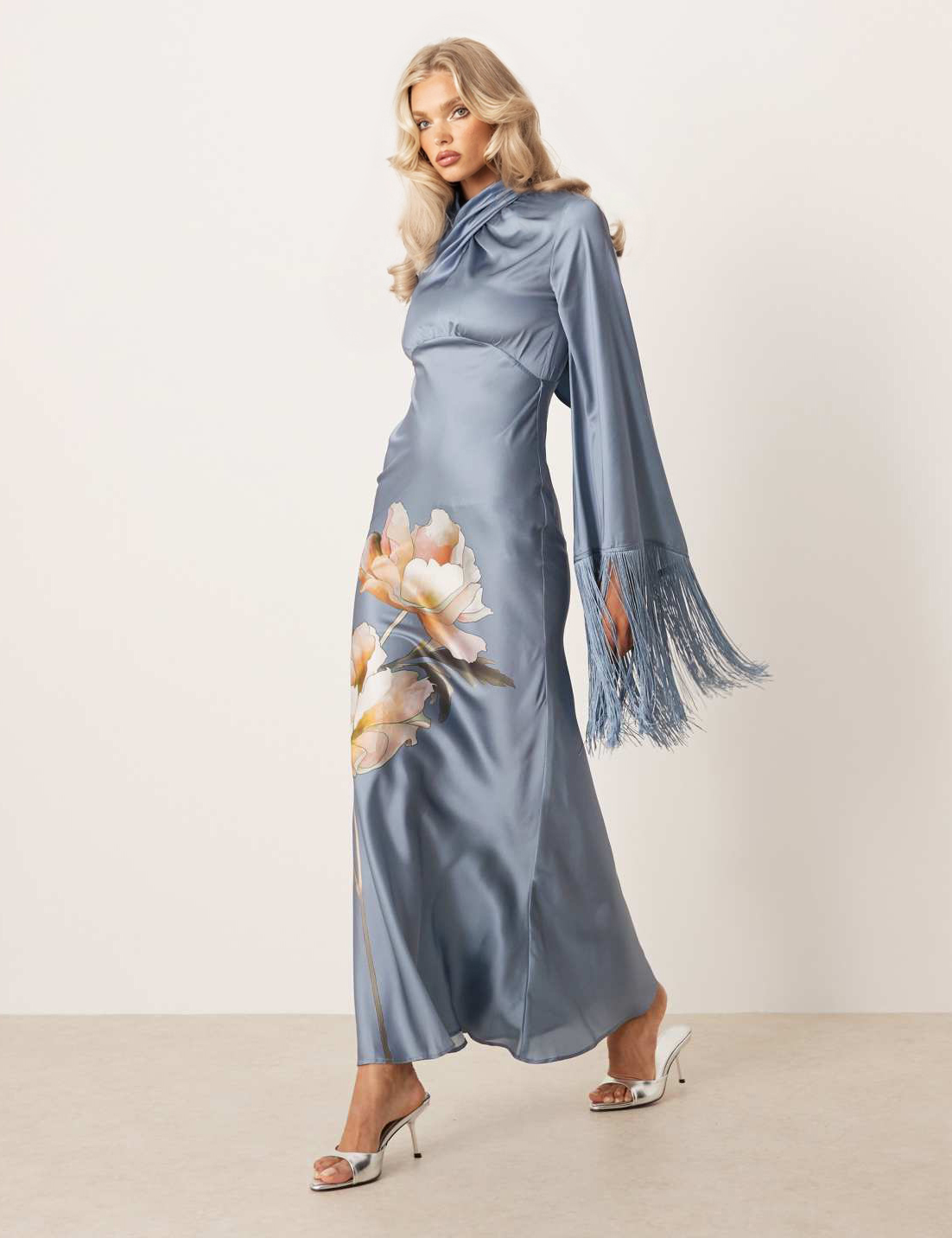 Elegant Satin Printed Tassel Maxi Dress