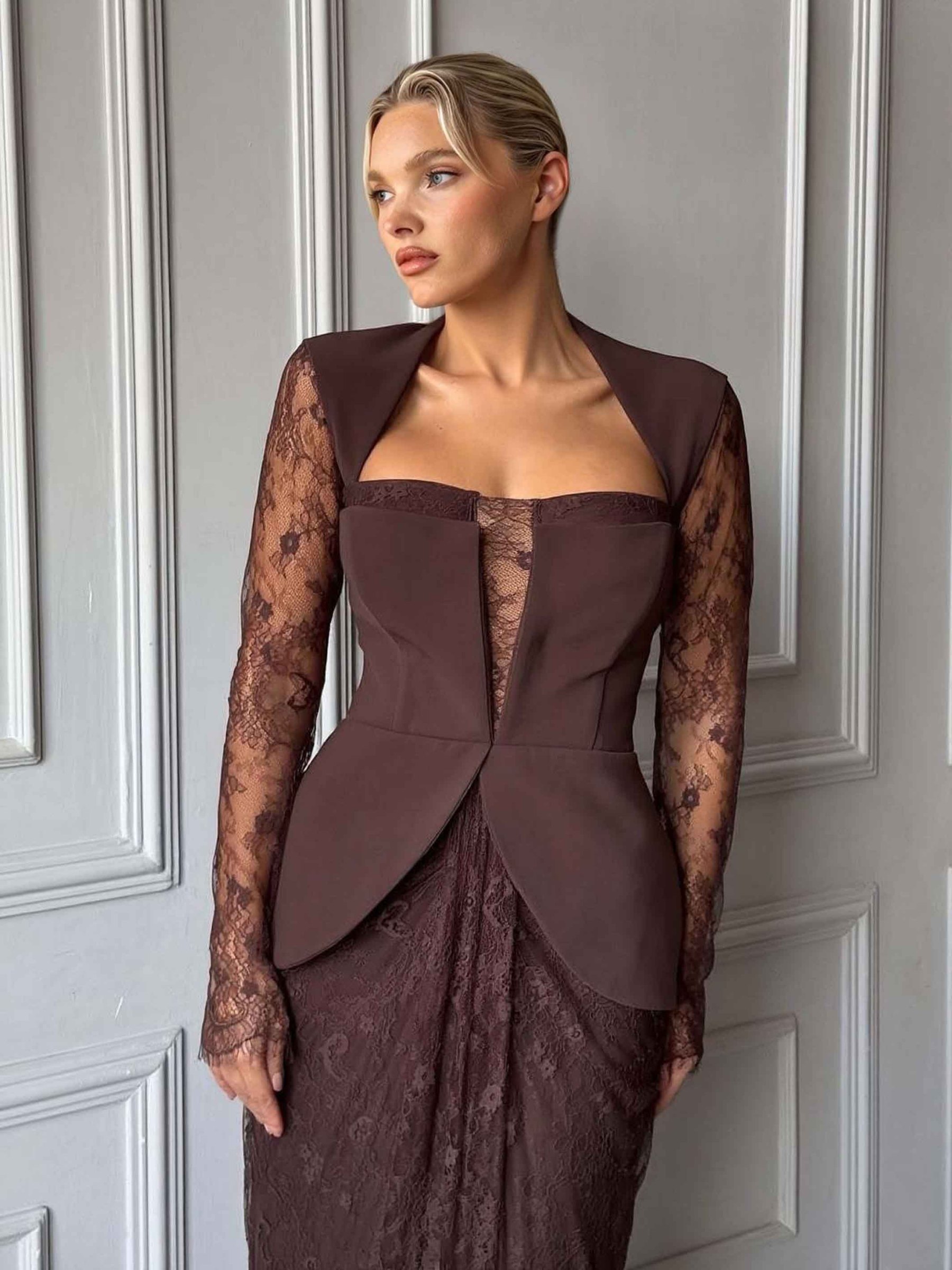 Elegant Lace Pleated Evening Gown Maxi Dress