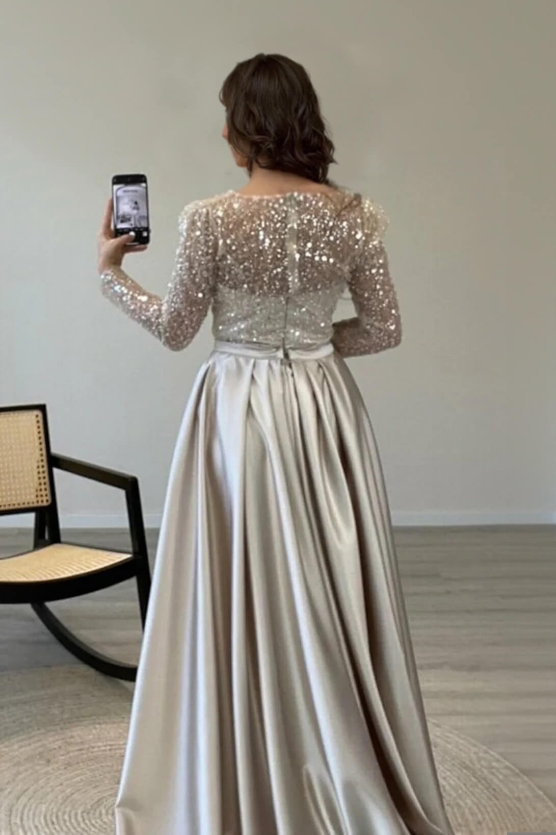 Exquisite Silver Sparkling Rhinestone Sheer Tulle Sleeve Party Maxi Dress