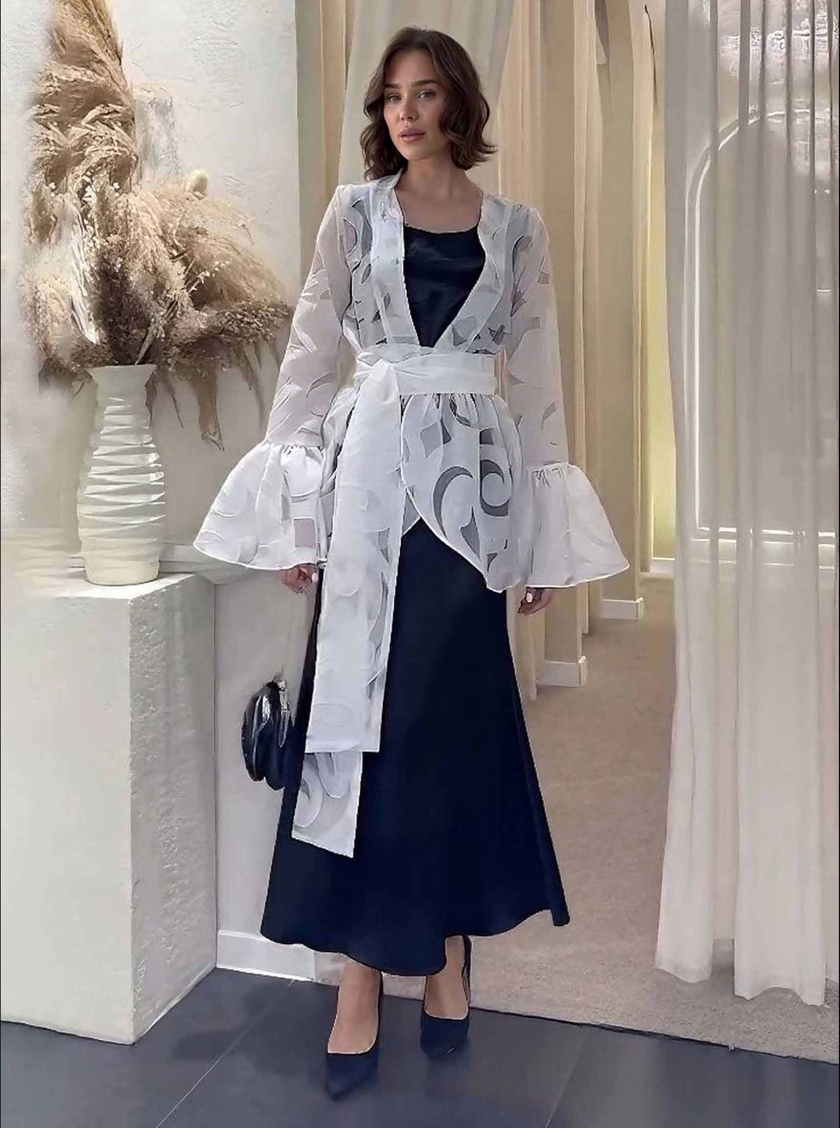 Elegant Ruffled Organza Cardigan & Black Maxi Dress Two-Piece Set