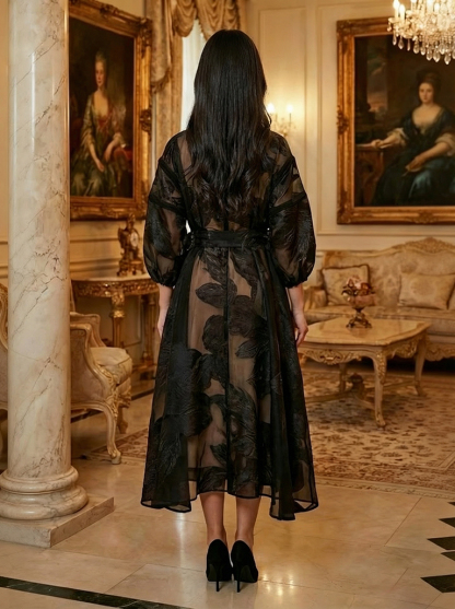 Elegant French Jacquard Shirt-Style Maxi Dress