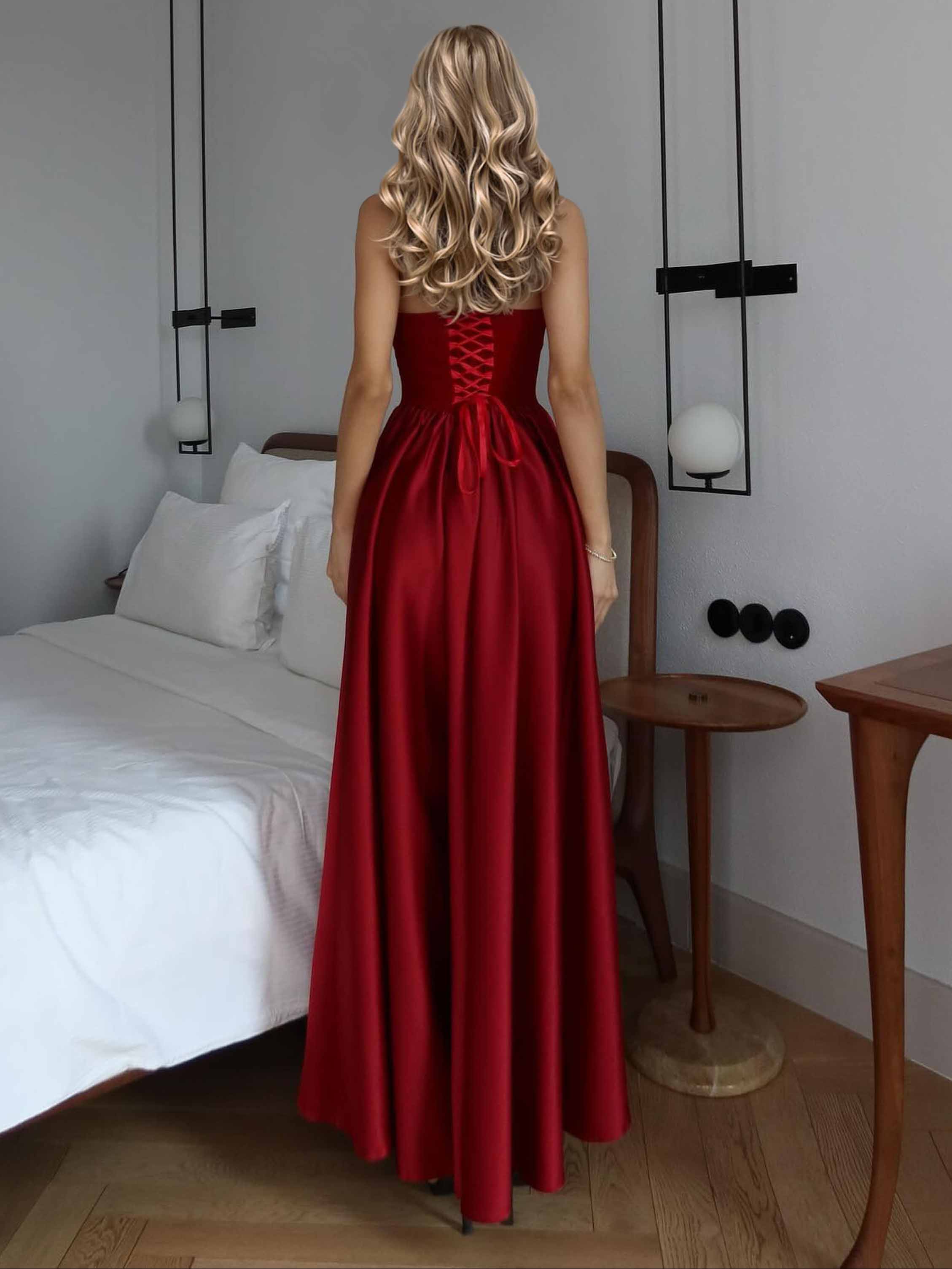 Elegant Red Strapless Evening Maxi Dress
