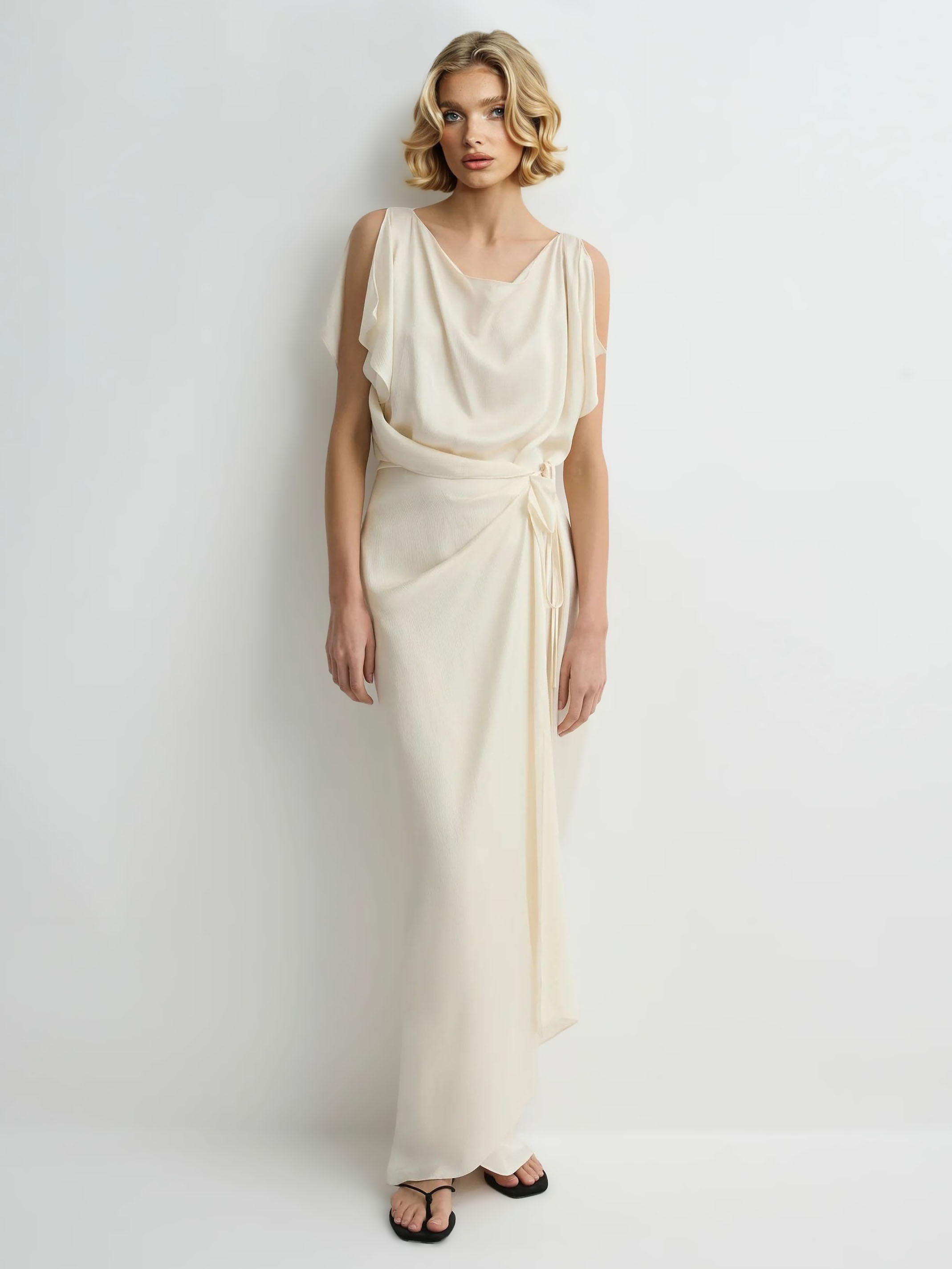 Elegant Satin Draped Wrap Maxi Dress