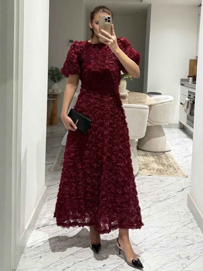 Elegant Rose-patterned Puff-sleeved Maxi Dress