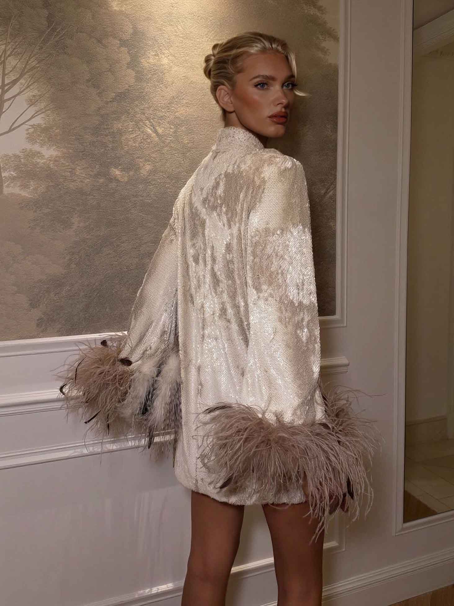 Elegant Sequined Fur Cuff Mini Dress