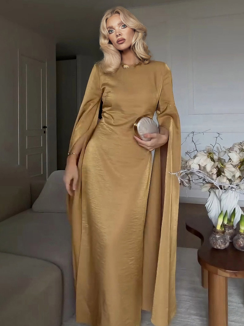 Simple Draped Sleeve Satin Maxi Dress