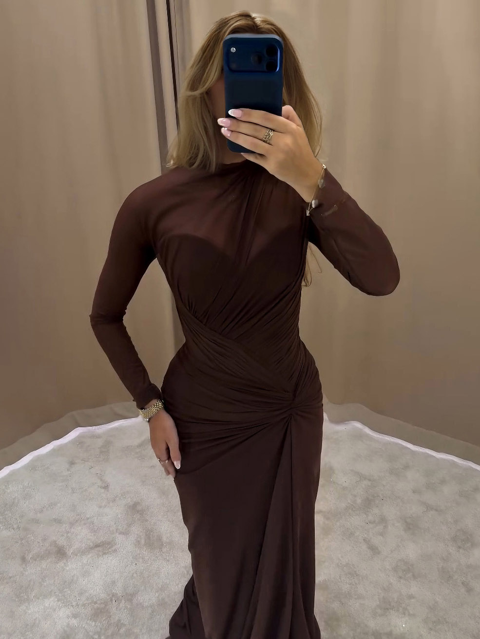 Elegant Draped Long-sleeved Maxi Dress