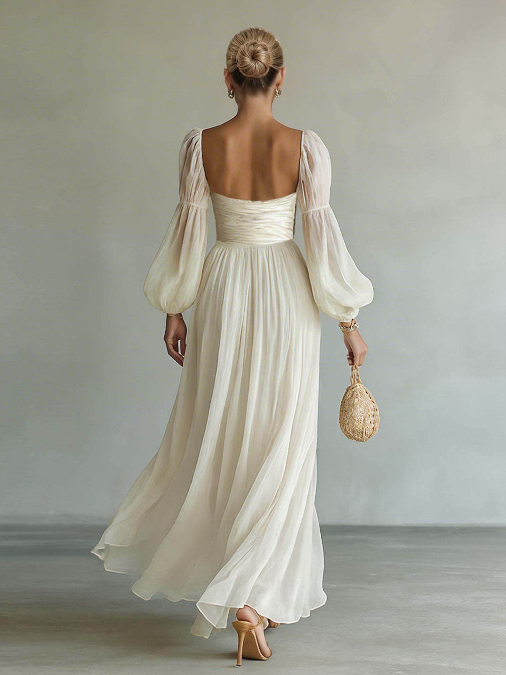 Bohemian Pleated Waist Puff Sleeve Chiffon Maxi Dress