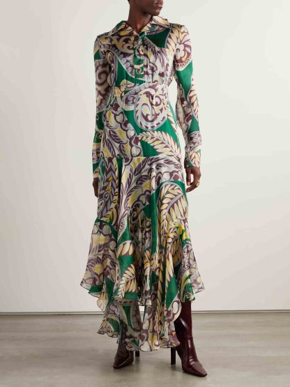 Unique Belted Asymmetrical Paisley Print Maxi Dress