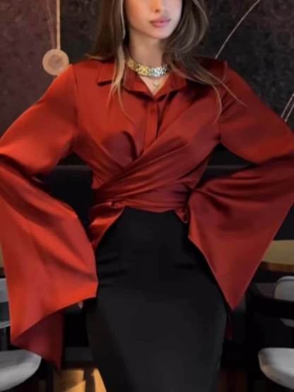 Fashion Satin Button Front Center Cross Straps Long Bell Sleeve Shirt