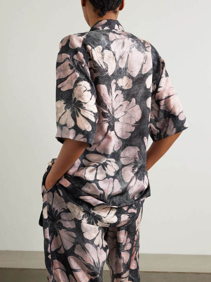 Unique Floral Print Satin Button-Down Loose-Fitting Shirt