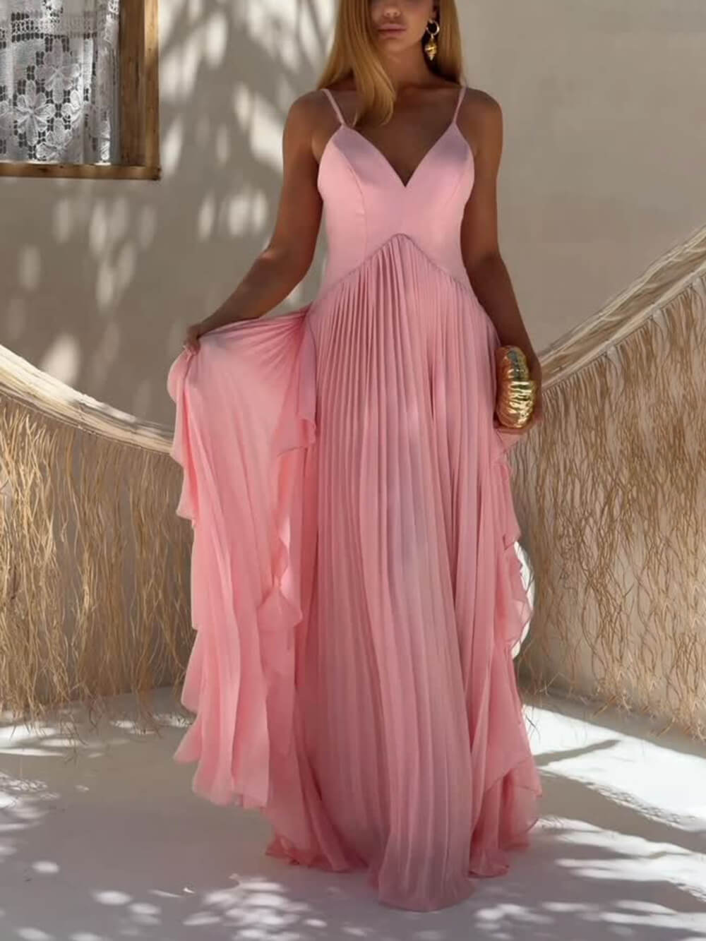 Delicate Pink Layered Patchwork Ruched Party Maxi Dress