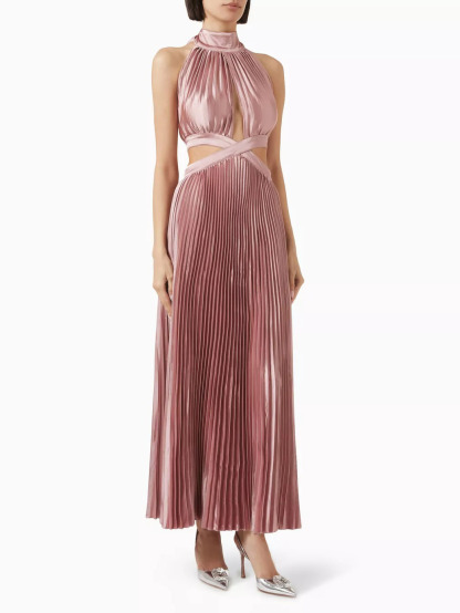 Elegant High-neck Halterneck Satin Pleated Maxi Dress