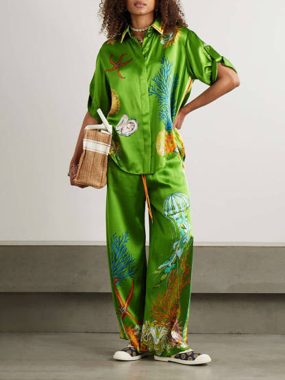 Classic Modern Feel Unique Satin Ocean Animal Print Drawstring Elastic Pocket Wide Leg Pants