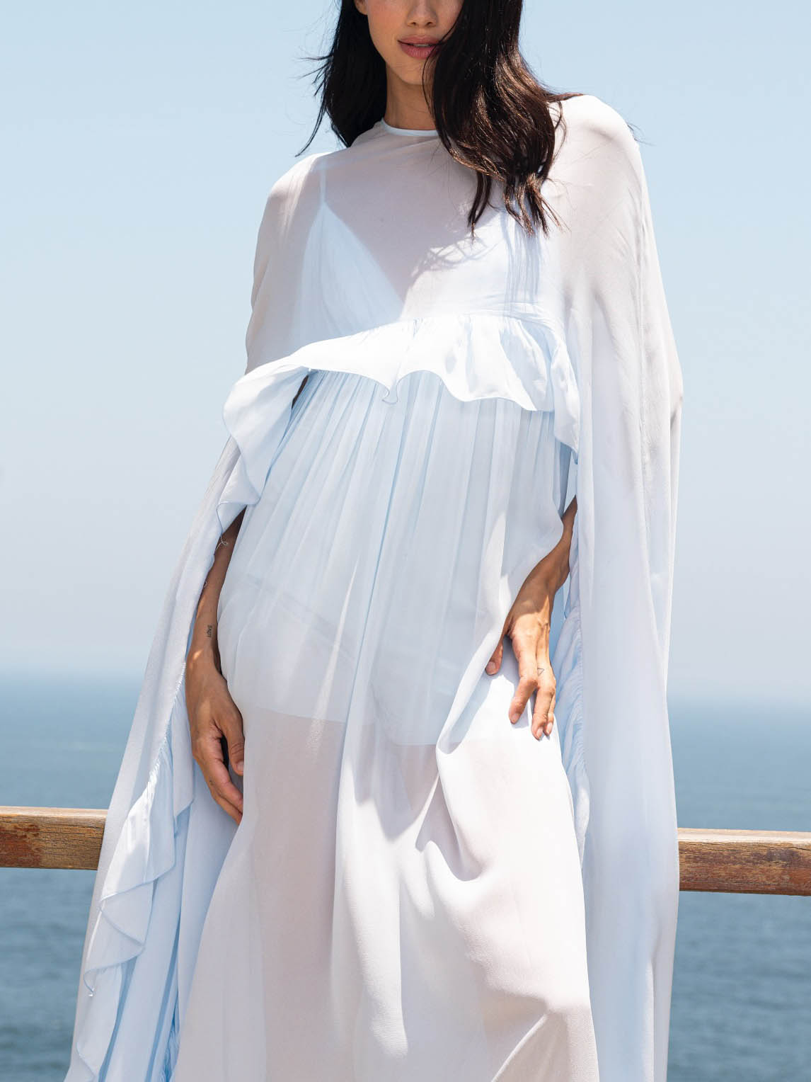 Elegant V-neck Side Slit Ruffled Chiffon Flowy Maxi Dress