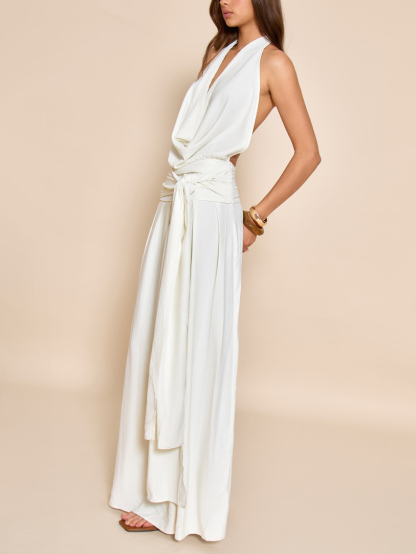Elegant Scarf Neck Low Back Maxi Dress