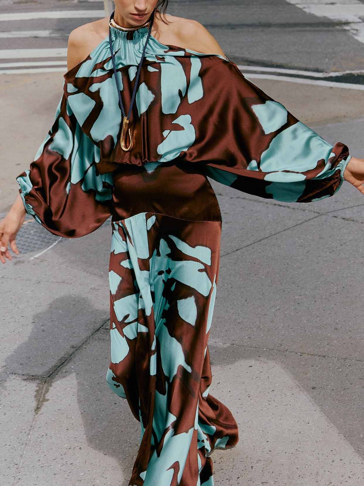 Elegant Cold Shoulder Abstract Print Maxi Dress