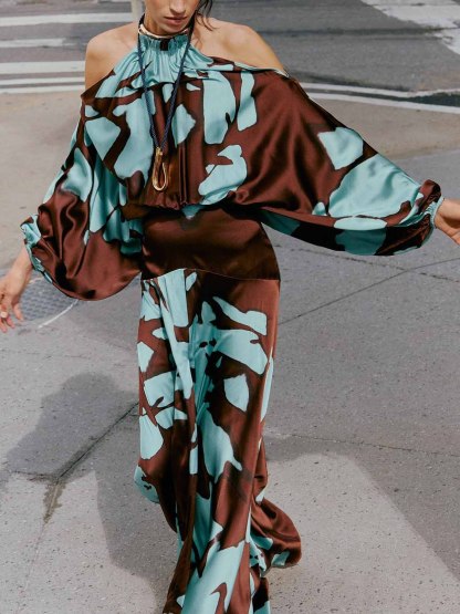 Elegant Cold Shoulder Abstract Print Maxi Dress