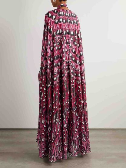 Exquisite Floral Print Cape-style Maxi Dress