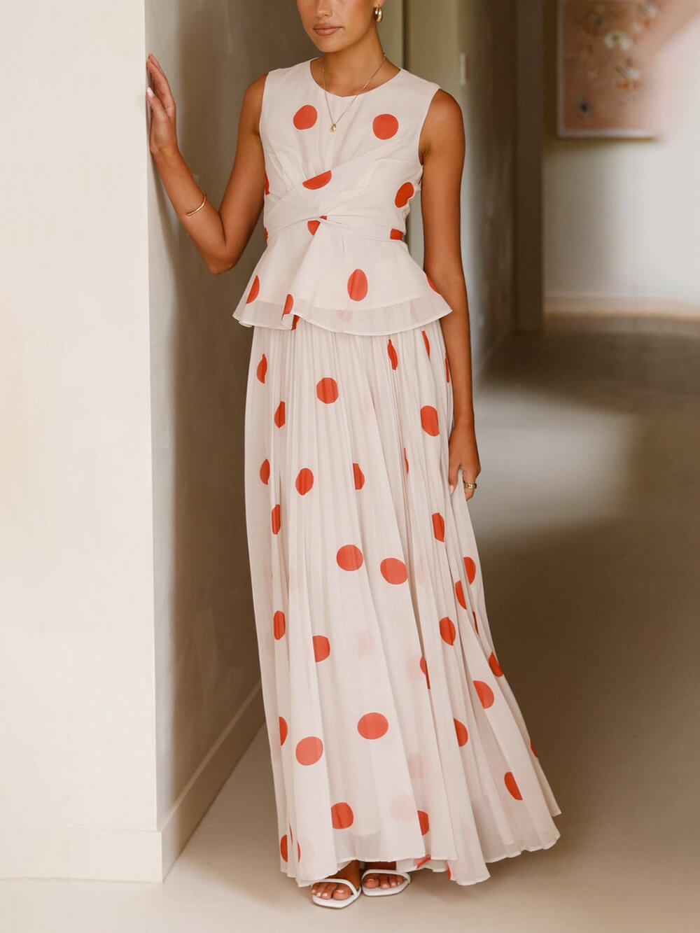 Delicate Red Polka Dot Print Ruffled Cross-Over Top