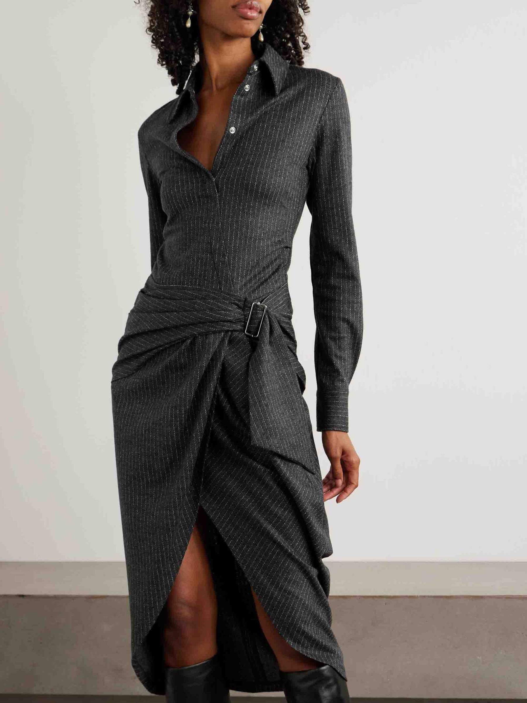 Exquisite Draped Pinstripe Wrap Midi Shirt Dress