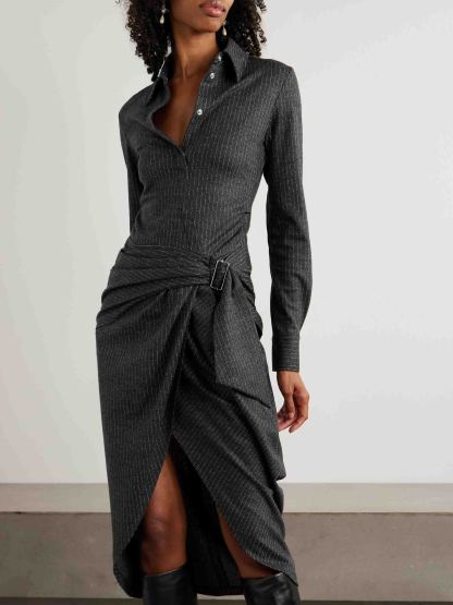 Exquisite Draped Pinstripe Wrap Midi Shirt Dress