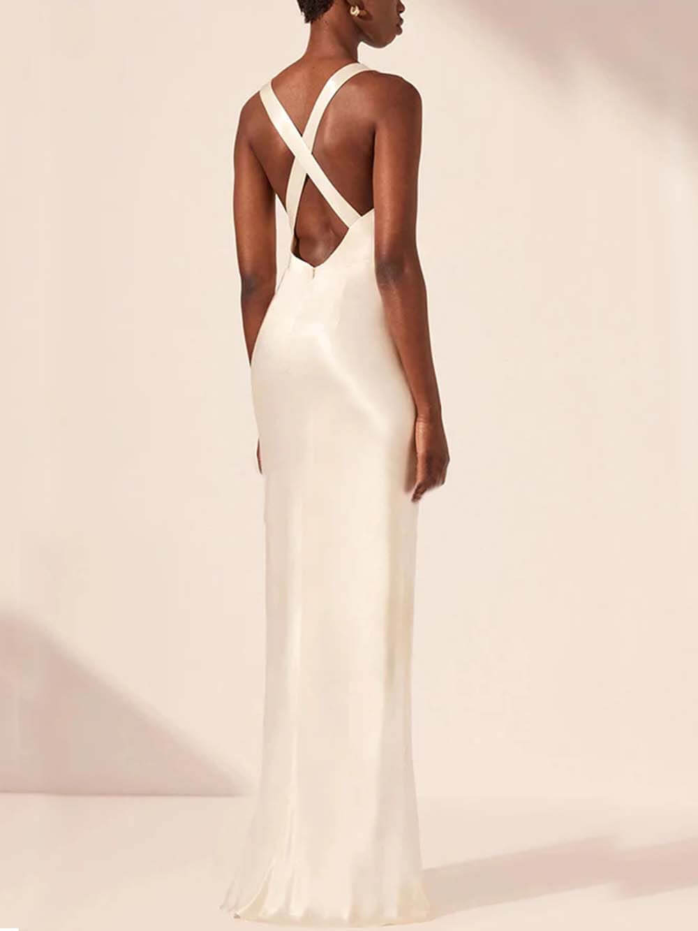 Exquisite Modern Day Glam Satin Lace Trim V-neck Cross Back Maxi Dress