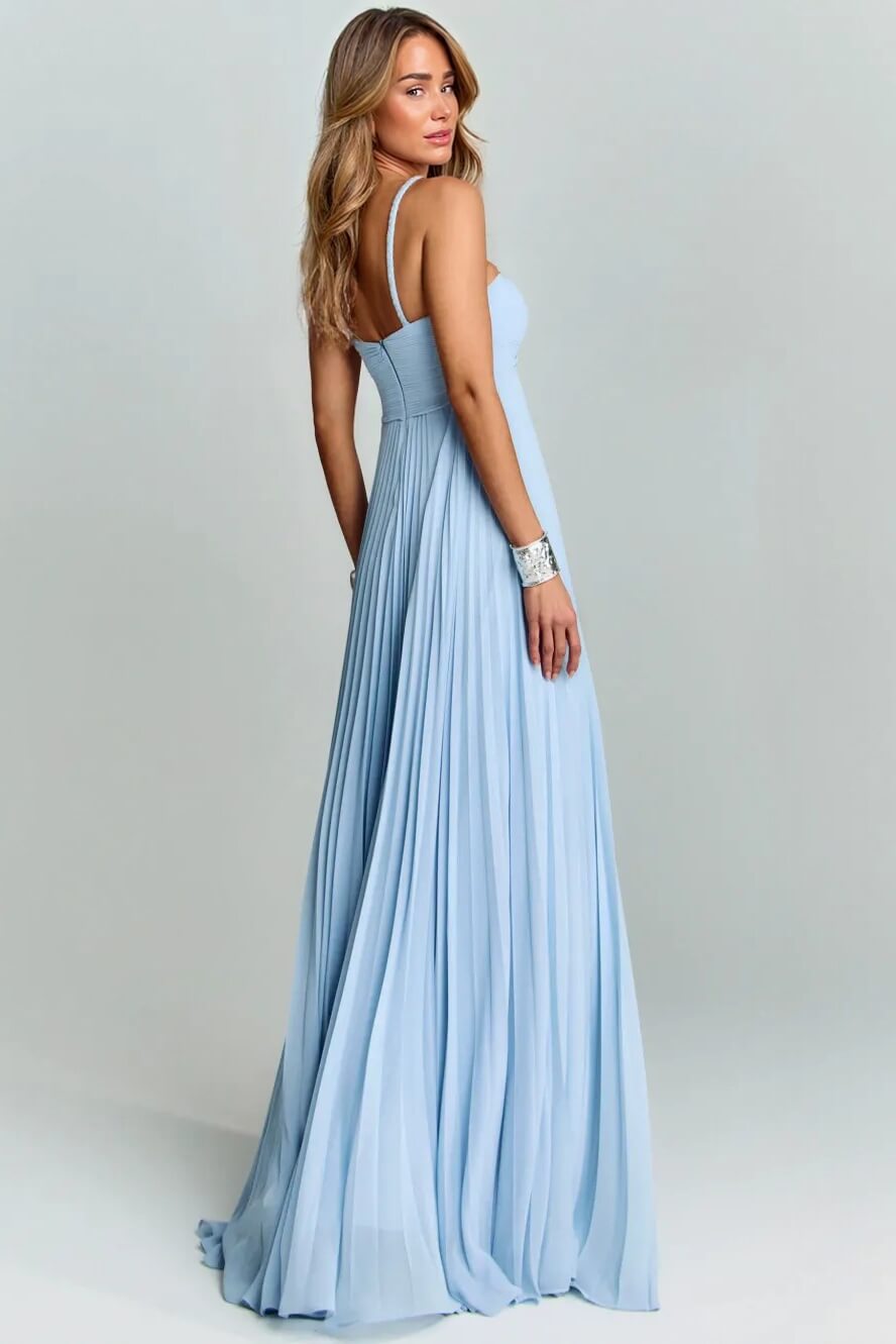 Elegant Braided Neckline Blue Pleated Maxi Dress