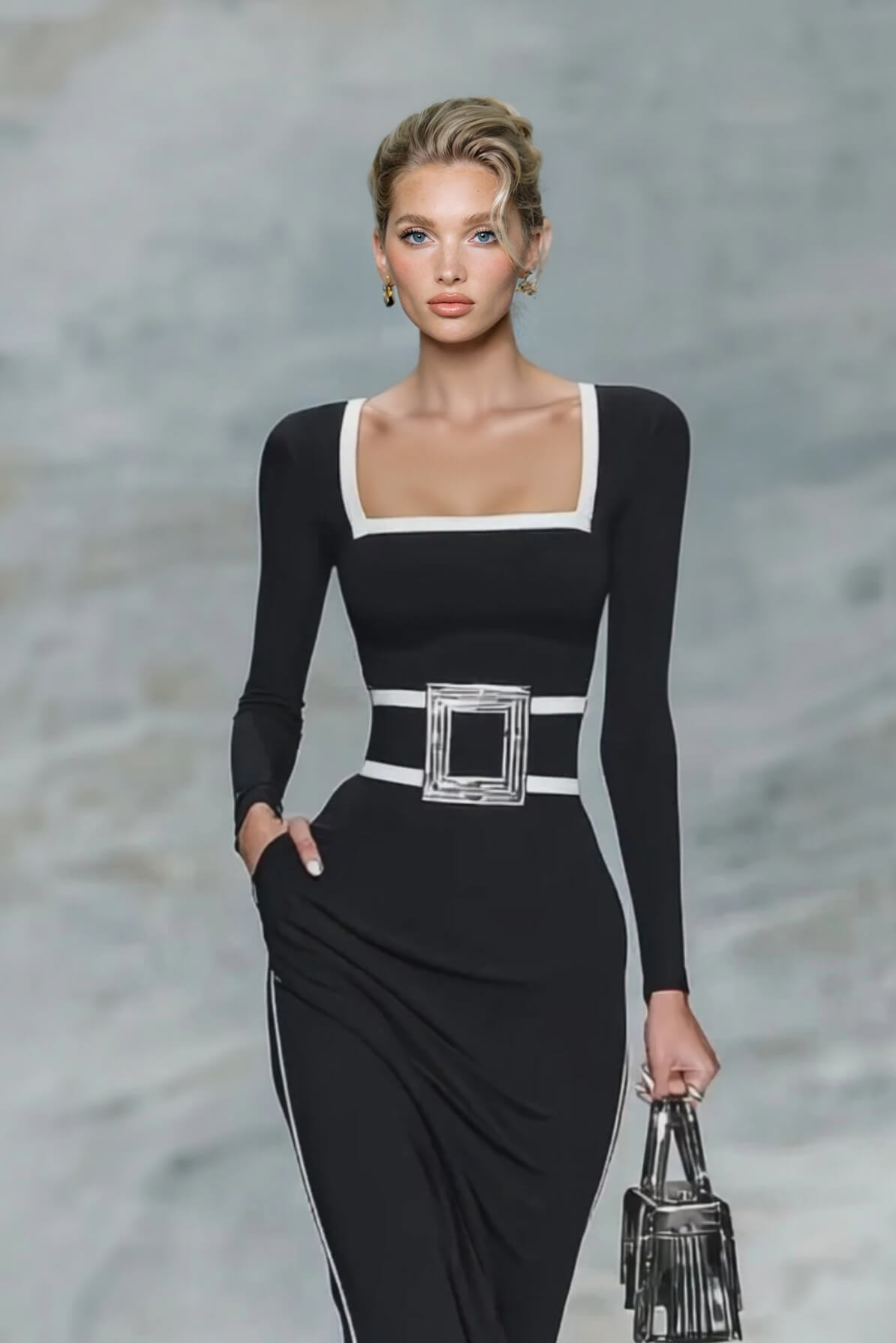 Elegant Black And White Trim Square Neck Long Sleeve Tight Maxi Dress