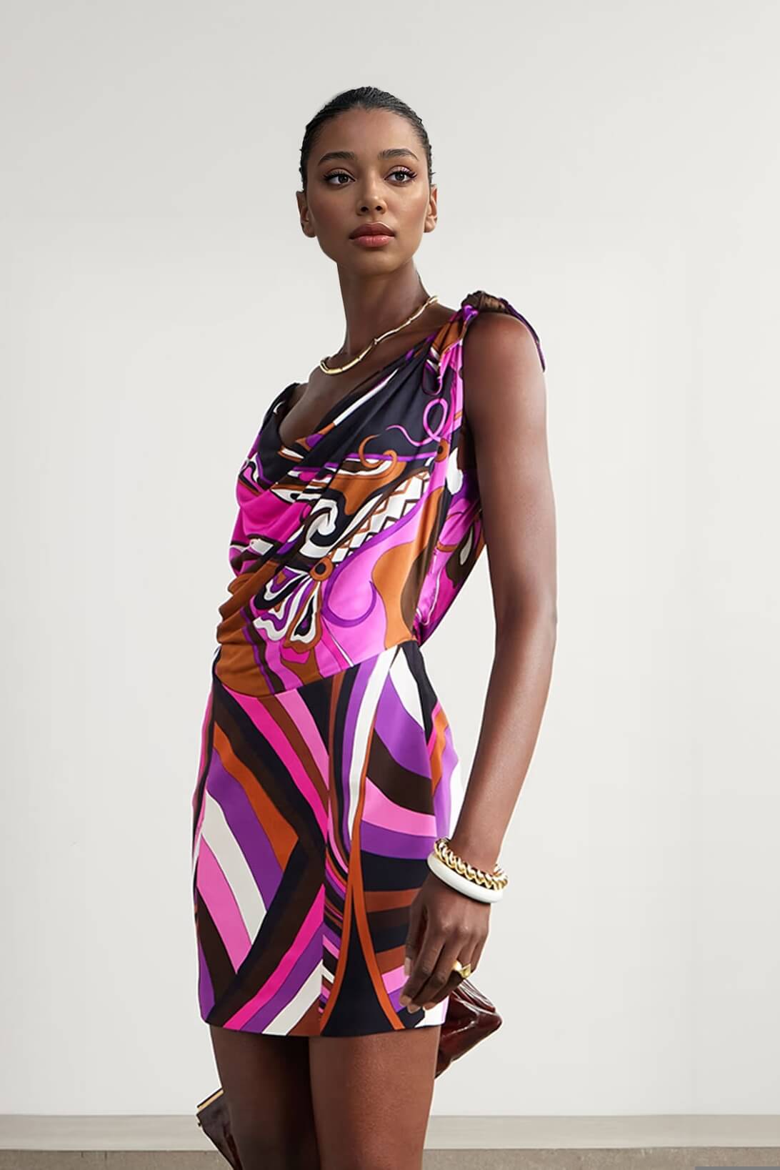 Fashion Satin Knotted Draped Print Mini Dress