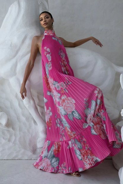 Fashionable Floral Print Pleated Tie-Waist Backless Ruffled Maxi Dress