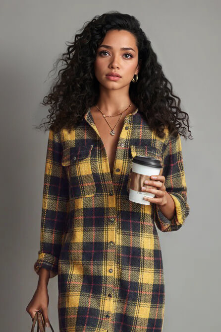 Retro Plaid Print Long Sleeve Shirt Midi Dress