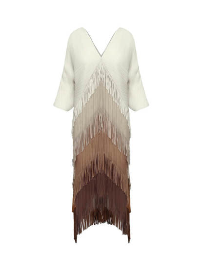 Elegant Pleated Satin Ombre Fringe Detailing Maxi Dress