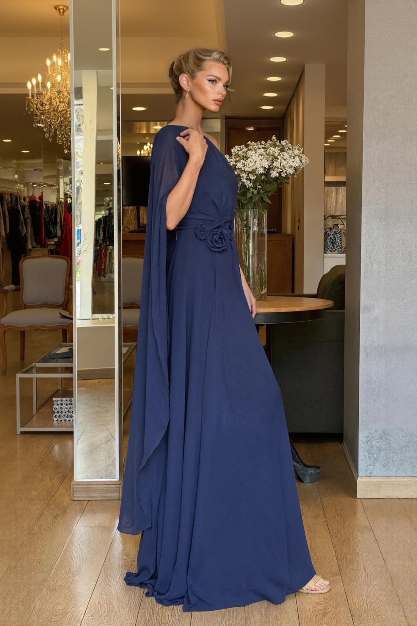 Elegant One-Shoulder Chiffon Flowy Party Maxi Dress