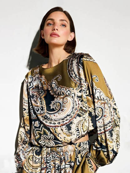 Exquisite Satin Paisley Print Elastic-Waist Wide-Leg Pants