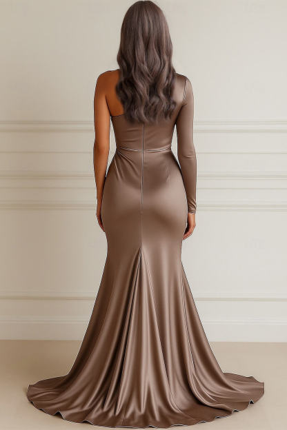Elegant One-Shoulder Satin Pleated Mermaid Trumpet Formal Maxi Dress