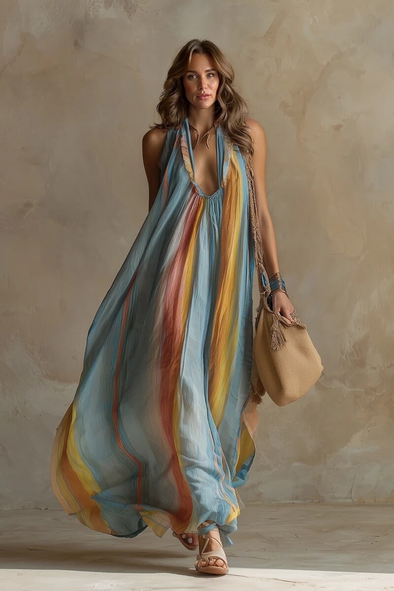 Exquisite Romantic Vacation Blue Rainbow Print Chiffon Maxi Dress