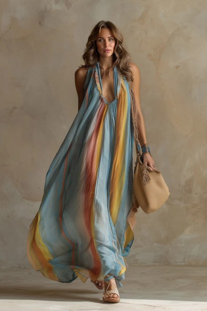 Exquisite Romantic Vacation Blue Rainbow Print Chiffon Maxi Dress