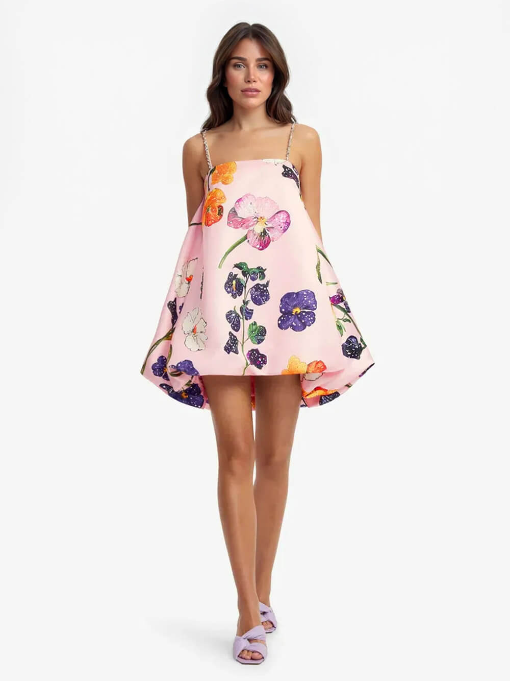 Fashion Printed Strap-Detail Bubble-Hem A-Line Mini Dress