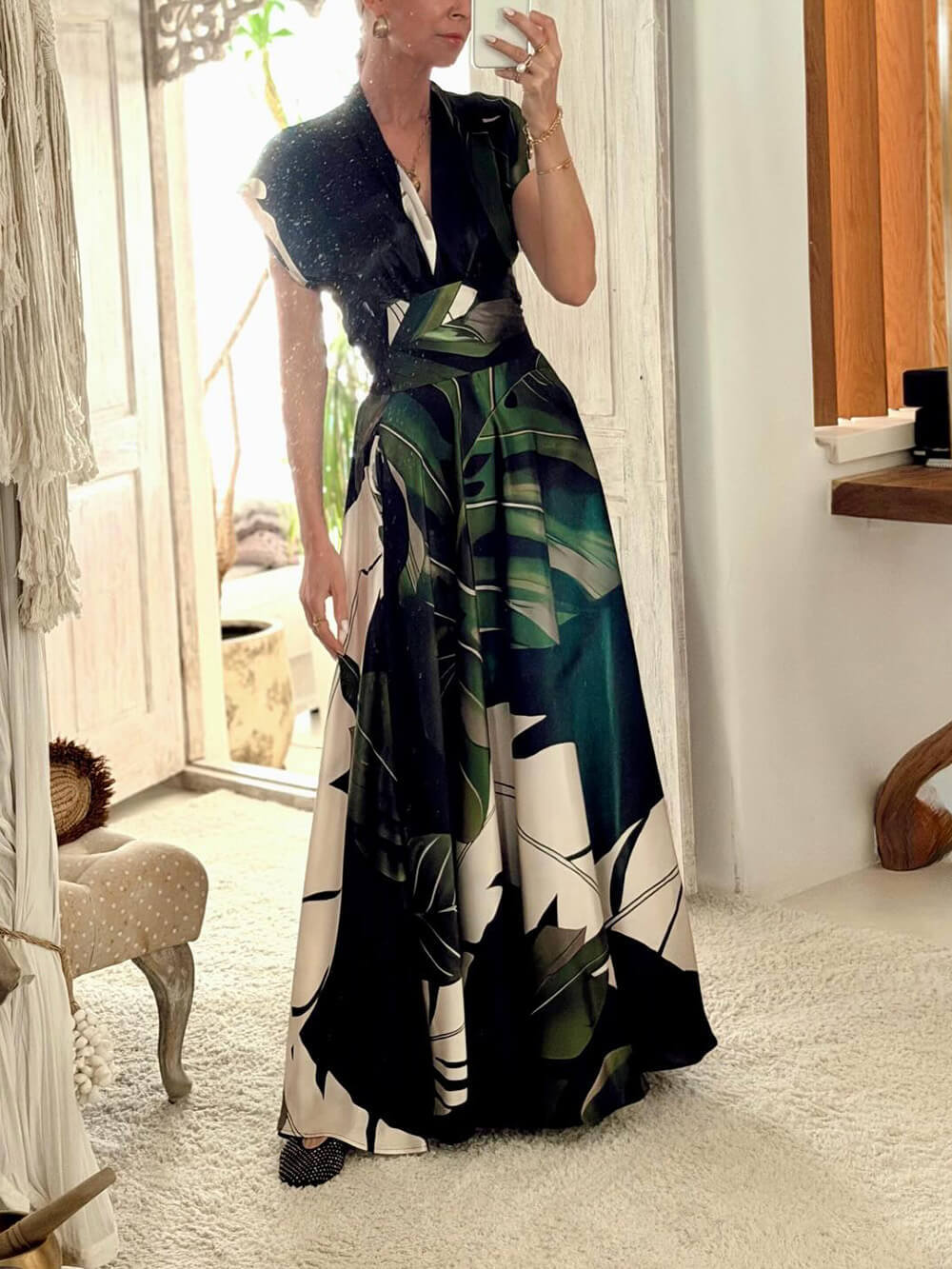 Bohemian Palm Leaf Print Maxi Dress