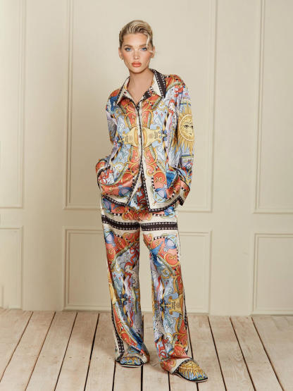 Unique Sunshine Print Elastic Waist Wide-Leg Pants