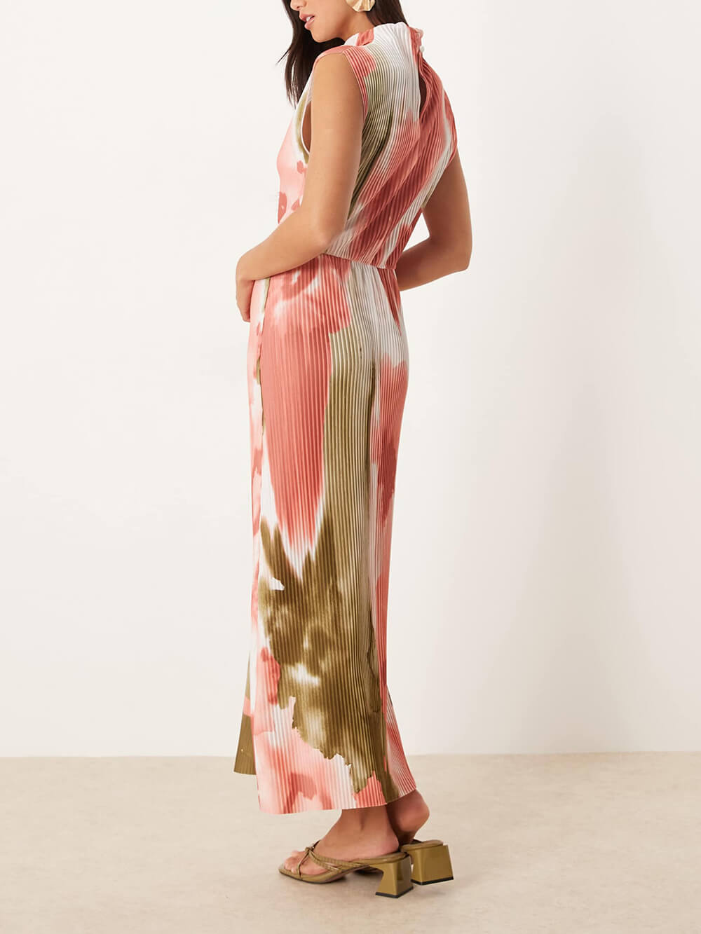 Elegant Floral Print Ruched High-Twist Neck Midi Dress