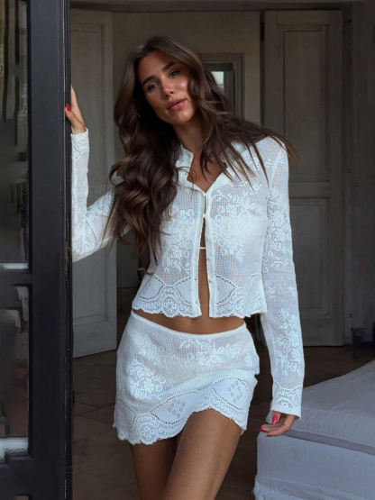 Vacation Style Cutout Embroidered Top And Mini Skirt Set