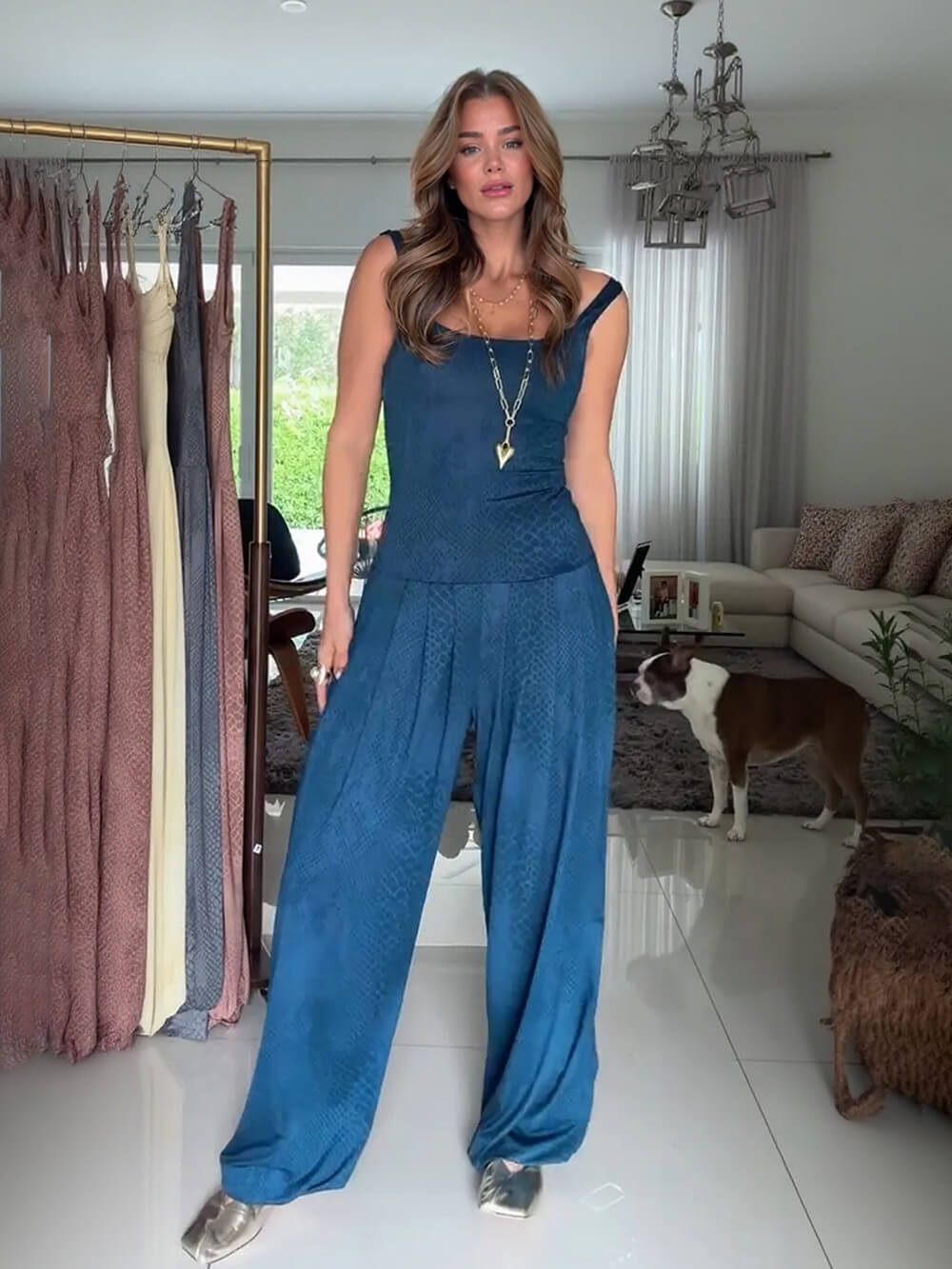 Casual Rust Red Printed Spaghetti Strap Jumpsuit