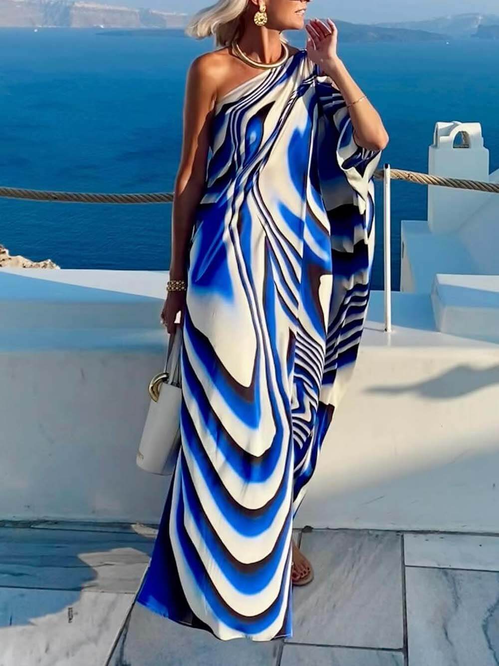 Unique Printed Cutout One-shoulder Holiday-style Loose Maxi Dress