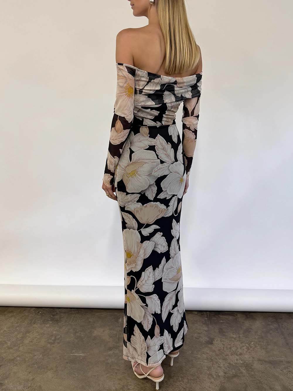 Elegant Floral Print Off-Shoulder Mesh Maxi Dress