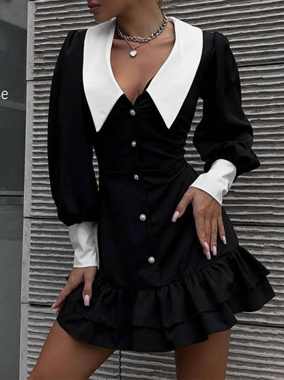 Fashionable Color-Blocked Lapel Lady-Style Hip Dress