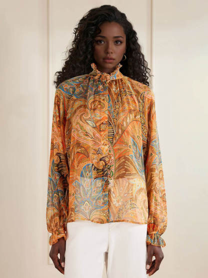 Exquisite Ruffle Trim Paisley Print Chiffon Blouse