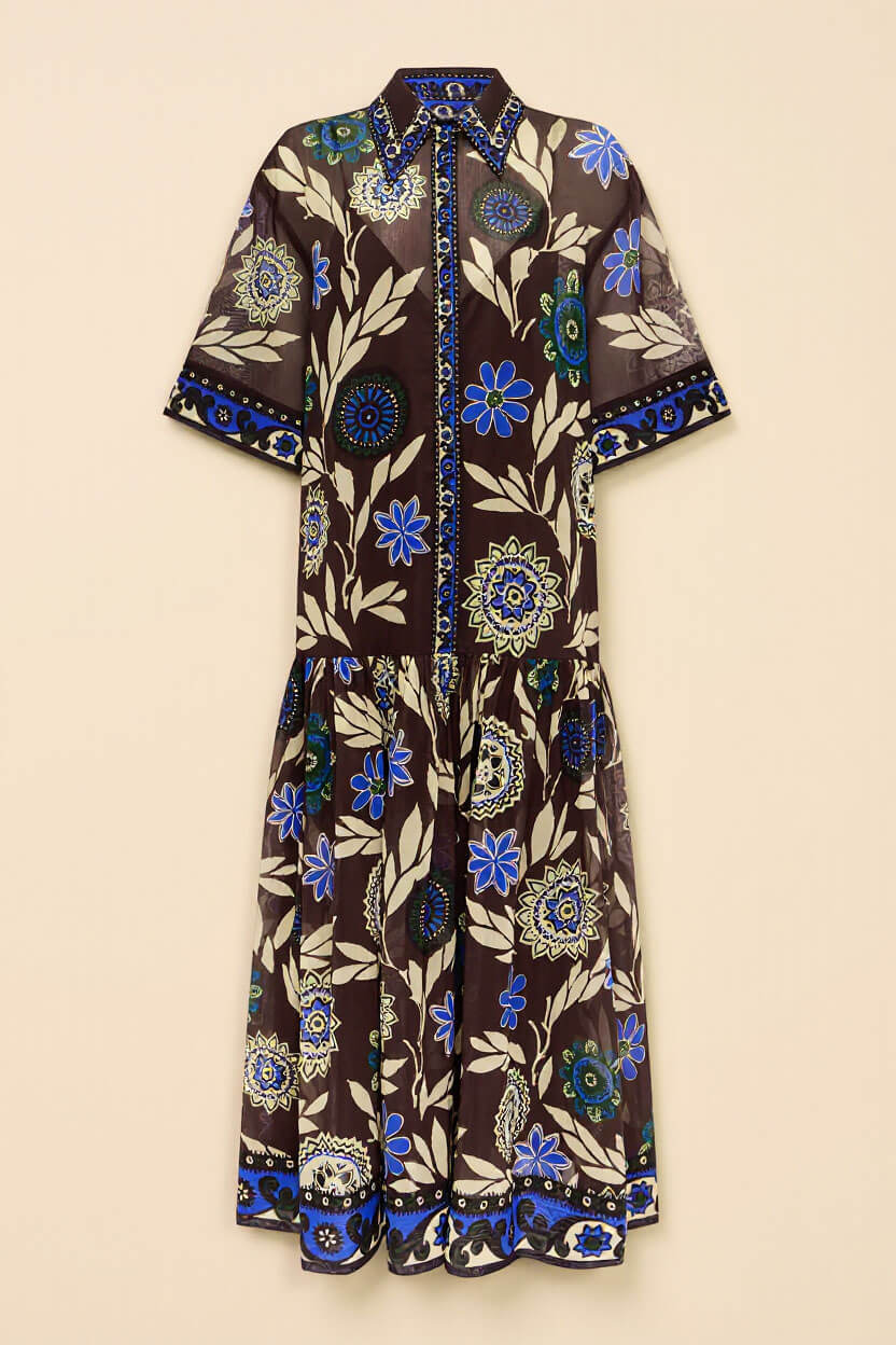 Retro Print Button-Front With Braided Rope Belt Maxi Shirtdress